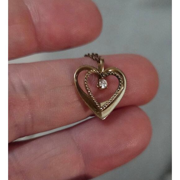 Vintage 14K GF Heart Diamond Pendant Necklace PPC 3d Raised Double Heart - Picture 7 of 11